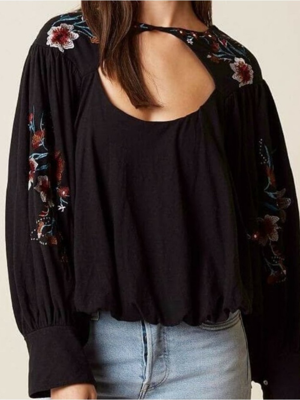 Free People black Lita Cutout Blouse Floral Embroidered Pullover Oversized linen